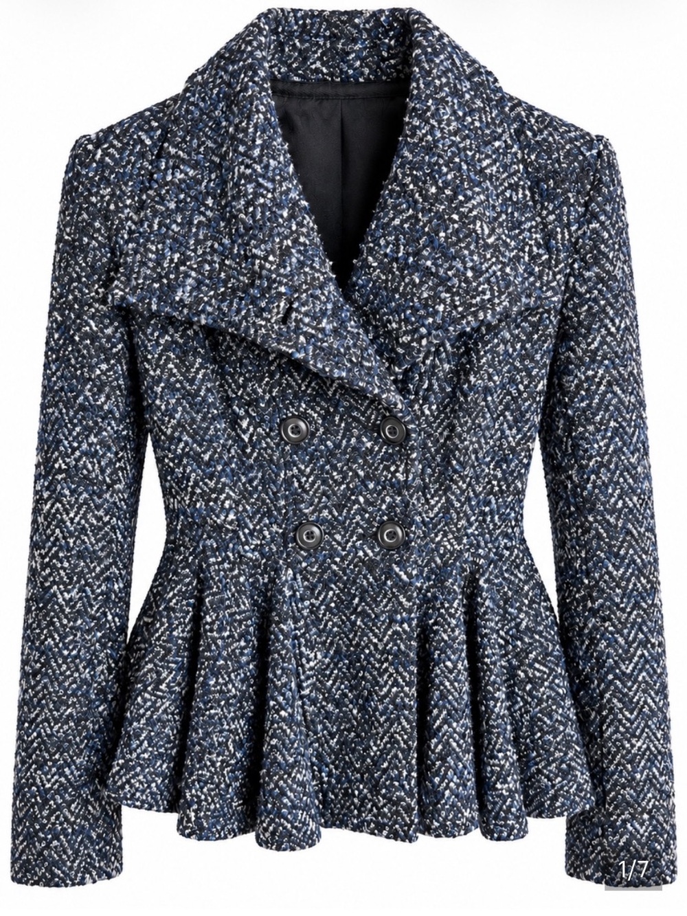 Free People Navy Tweed Peplum Double-Breasted Jacket